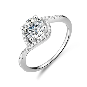 Classic 1 carat moissanite ring in 925 sterling silver with a halo setting and twisted band