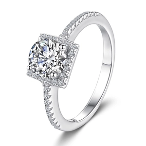 Classic S925 silver moissanite ring with a square halo and 4-prong setting from 45-degree angle