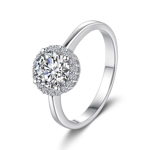 925 sterling silver halo ring with a 1 carat round moissanite and pave setting