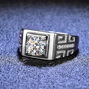 S925 sterling silver men's moissanite ring with square head and Greek key pattern