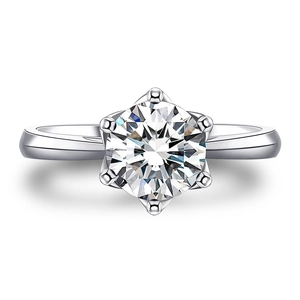Classic six-prong S925 sterling silver ring with a brilliant round moissanite stone