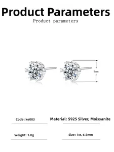 Detailed view of S925 silver snowflake earrings with 1ct round moissanite in 6-prong setting