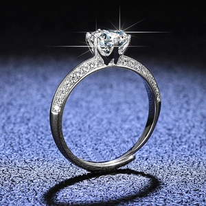 Moissanite S925 sterling silver ring with six-prong solitaire and adjustable band
