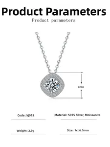 Detailed S925 silver necklace specifications with 1ct moissanite square pendant