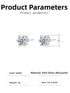 Detail view of 1ct moissanite earrings in S925 silver with 6-prong setting and size marks