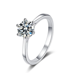 Classic six-prong solitaire ring with a round brilliant-cut moissanite in 925 silver