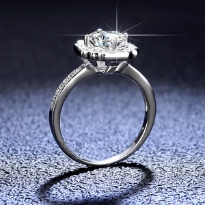 Classic S925 sterling silver halo ring with a 1ct moissanite and pave diamond band