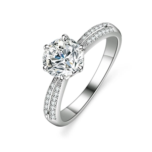 Classic moissanite S925 sterling silver ring with four-prong setting and side accents