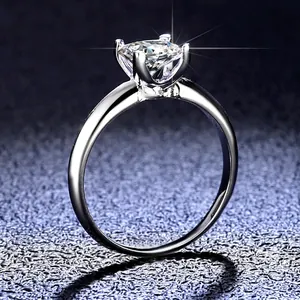 Classic 925 sterling silver ring featuring a four-prong princess cut moissanite stone