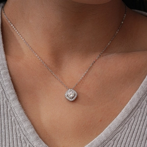 Classic S925 sterling silver square pendant necklace featuring a 1ct round moissanite stone