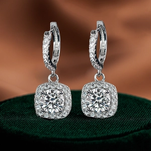 Boucles d'Oreilles Créoles à Pendentif Halo Carré en Argent Sterling 925 Moissanite Zirconia pour Femmes Bijoux Géométriques Minimalistes Cadeau