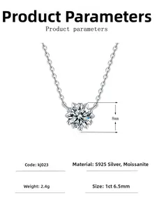 Detail showing S925 silver necklace specifications and 1ct moissanite pendant dimensions