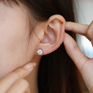 S925 silver six-prong moissanite stud earrings featuring a classic round brilliant cut