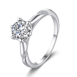 Classic six-prong moissanite ring in S925 sterling silver with twisted pavé diamond band