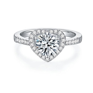 Bague halo coeur en argent sterling 925 avec moissanite et pierre centrale ronde brillante