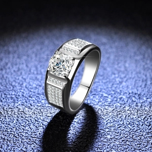 925 Sterling Silver Platinum Plated Moissanite Men Ring Simple Large Stone Crown Band Ring Adjustable Wedding Jewelry For Men