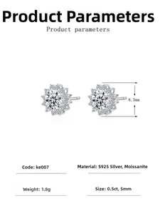 Detailed technical view of 8.3mm S925 silver snowflake earrings with 0.5ct moissanite stones