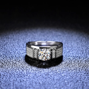 925 silver moissanite ring for men featuring a large round center stone and side pave accents