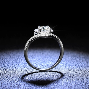 Moissanite 1 carat heart-hollowed 925 sterling silver ring with halo and pave setting