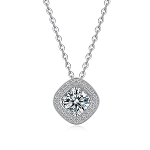 S925 sterling silver necklace with a 1ct square moissanite halo pendant on a cable chain