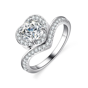925 silver heart shaped moissanite ring with wave band and brilliant round center stone
