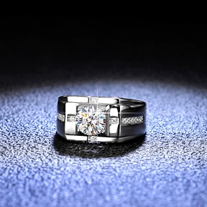 Classic men's S925 sterling silver ring featuring a large round moissanite center stone