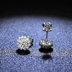 Macro shot of S925 silver halo moissanite earrings with sparkling sunflower design
