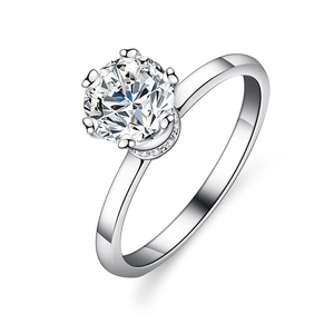 Classic 925 sterling silver six-prong moissanite engagement ring with hidden halo detail
