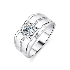 Mens S925 sterling silver moissanite wedding ring with classic round brilliant cut stone