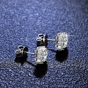 Macro shot of S925 sterling silver halo stud earrings with brilliant moissanite center stones