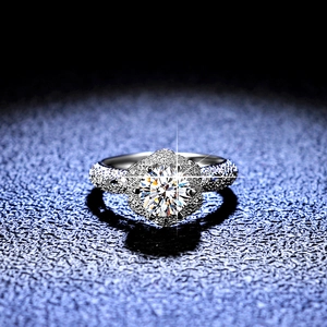 Elegant 925 sterling silver moissanite ring with six-prong halo and pavé band
