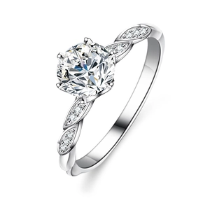 925 silver moissanite ring with six-prong round cut stone and leaf design