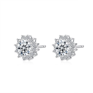 Sparkling S925 silver sunflower stud earrings with moissanite stones and halo design