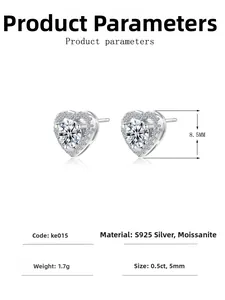 Detailed specifications of heart moissanite earrings in S925 silver with 8.5mm diameter