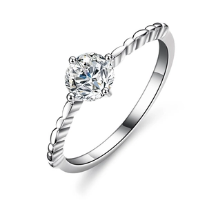Classic six-prong moissanite ring with beaded band design on polished silver finish