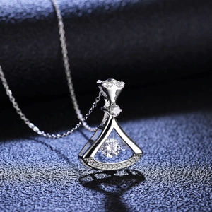 S925 sterling silver dancing moissanite pendant necklace with elegant fan-shaped design