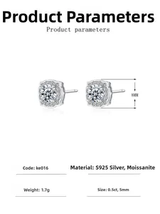 Detailed spec sheet showing 0.5ct Moissanite S925 silver stud earrings with 8mm dimensions
