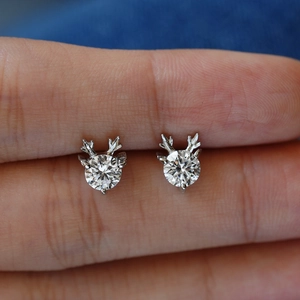 Moissanite S925 silver reindeer antler stud earrings with sparkling round diamonds