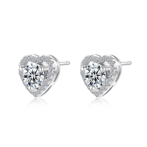 Classic S925 sterling silver heart moissanite stud earrings with halo setting