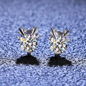 Close-up of S925 silver moose antler stud earrings featuring brilliant round cut stones