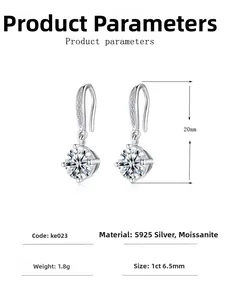 Detailed specs of S925 silver moissanite drop earrings with 1ct stone and 20mm height