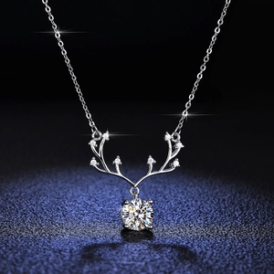 925 Sterling Silver Antler Pendant Necklace For Women Moissanite Zirconia Round Cut Deer Horn Jewelry Wedding Birthday Gift