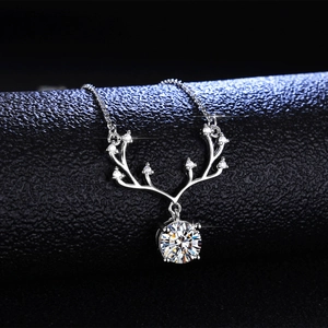 Elegant S925 silver reindeer antler necklace with a large round moissanite pendant
