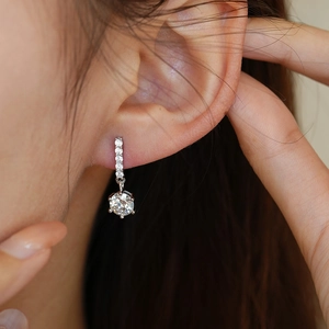 Elegant s925 silver six-prong moissanite drop earrings on model in macro detail