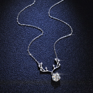Elegant S925 sterling silver reindeer antler pendant necklace with Moissanite stone