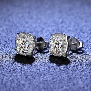 Macro detail of square halo moissanite stud earrings in S925 sterling silver