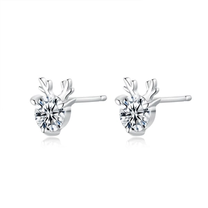 Elegant S925 silver reindeer antler stud earrings with brilliant round moissanite center stone