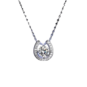 S925 sterling silver horseshoe necklace featuring a dancing moissanite pendant on silver chain