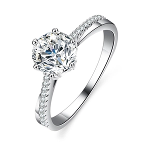 Elegant six-prong moissanite ring with intertwined diamond-encrusted silver band