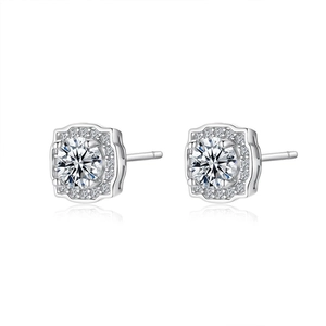 Elegant halo square moissanite stud earrings in polished S925 sterling silver